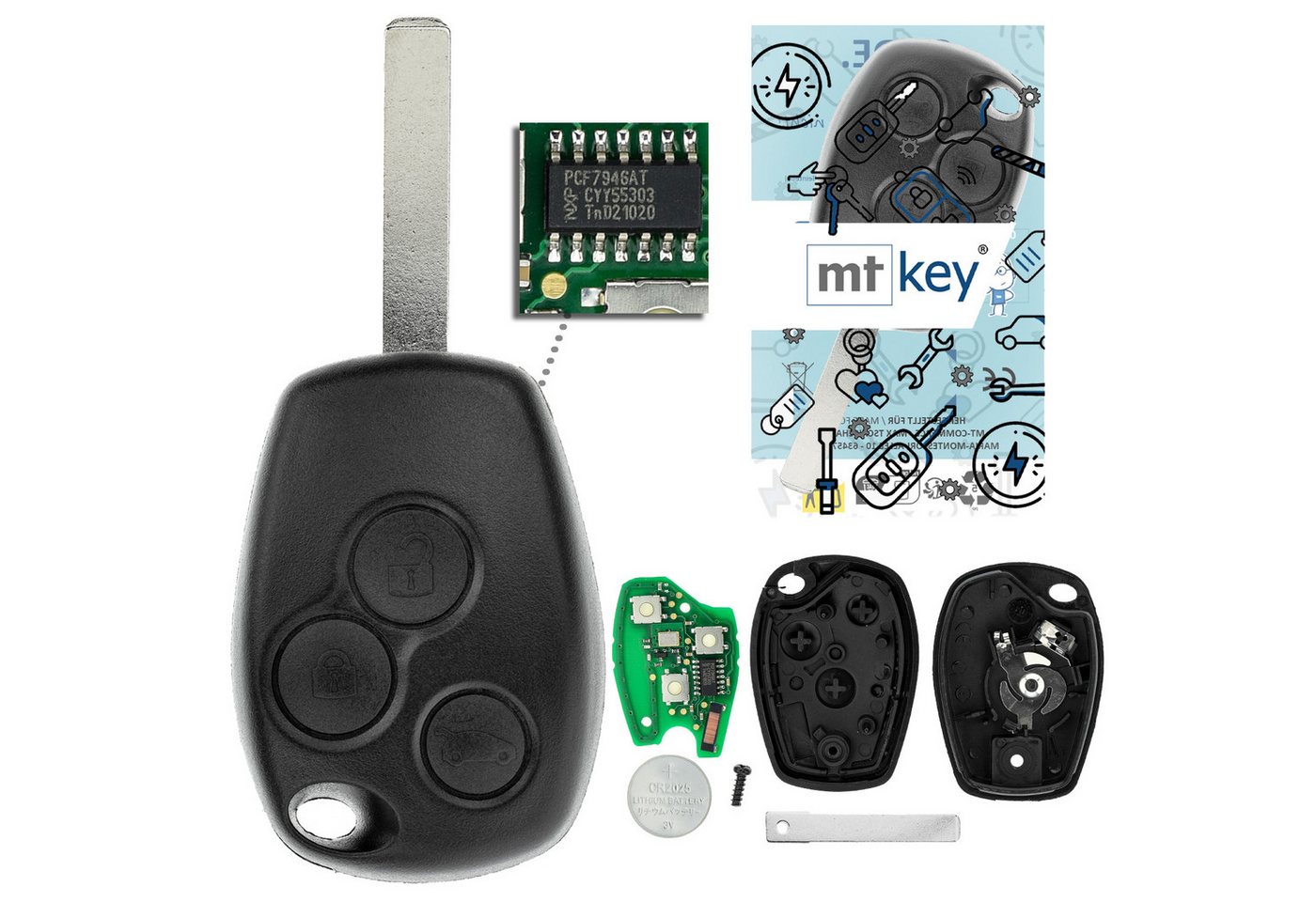 mt-key Schlüsseltasche Auto Funk Schlüssel Fernbedienung VAC102 434MHZ (Set), für Dacia Duster (I, 13–18), Lodgy (JS I, 12–22), Logan (L8 II, 13... von mt-key