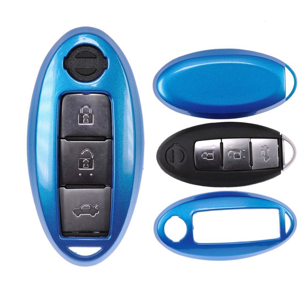 mt-key Schlüsseltasche Autoschlüssel Hardcover Schutzhülle Metallic Blue, für Nissan Qashqai Juke Micra Pulsar X-Trail Evalia Navra KEYLESS von mt-key