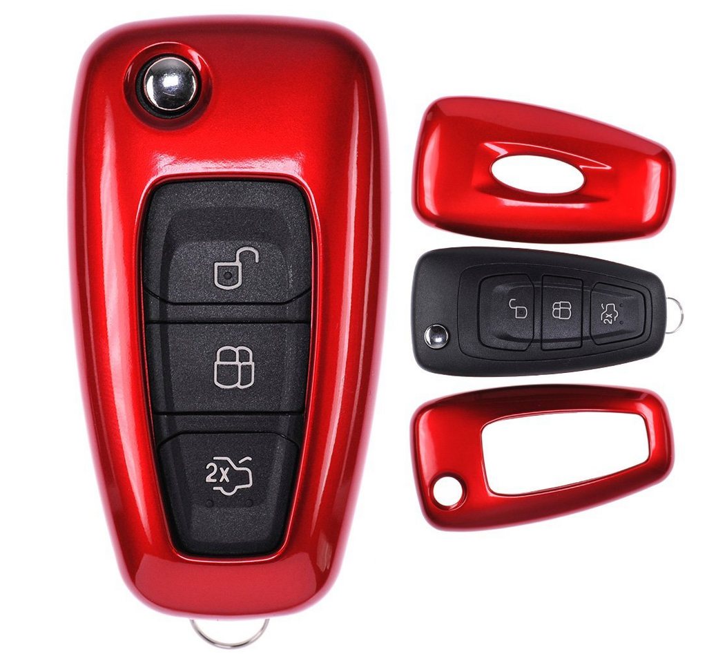 mt-key Schlüsseltasche Autoschlüssel Hardcover Schutzhülle Metallic Rot, für Ford Mondeo S-Max Focus Fiesta Transit Klappschlüssel von mt-key