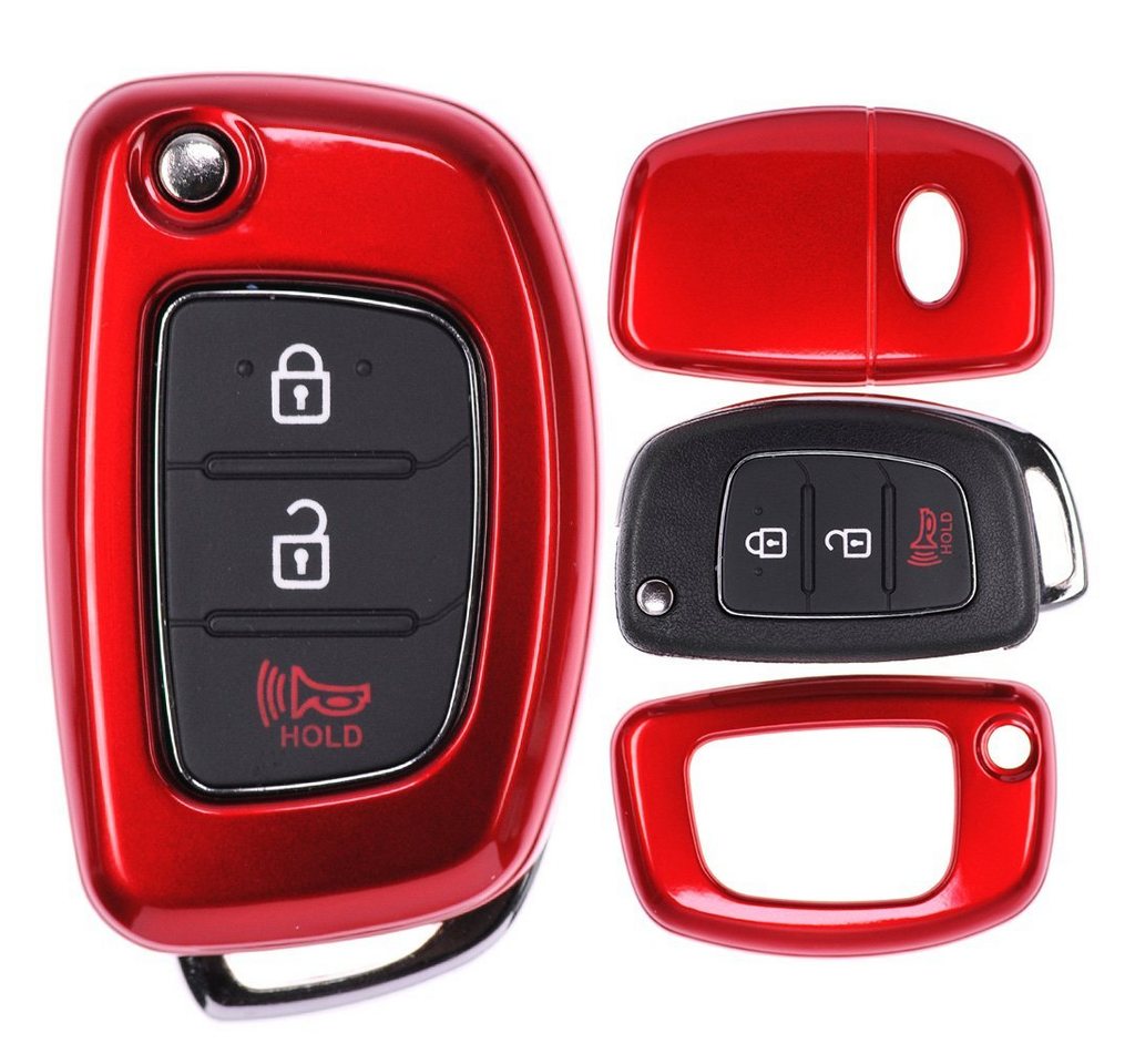 mt-key Schlüsseltasche Autoschlüssel Hardcover Schutzhülle Metallic Rot, für Hyundai i20 i30 ix35 i40 Santa Fe Tucson Klappschlüssel von mt-key
