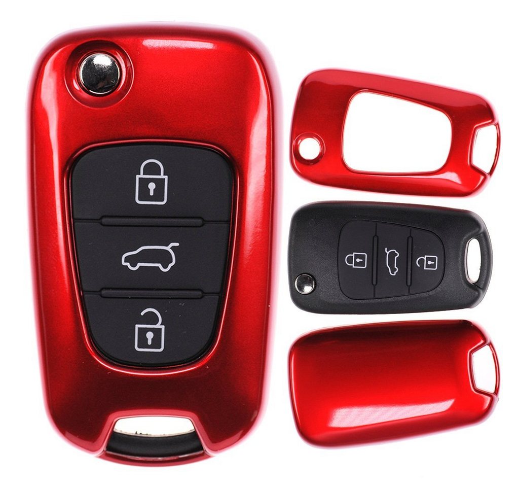 mt-key Schlüsseltasche Autoschlüssel Hardcover Schutzhülle Metallic Rot, für Hyundai i30 ix20 ix35 Kia Soul Sportage Ceed Klappschlüssel von mt-key