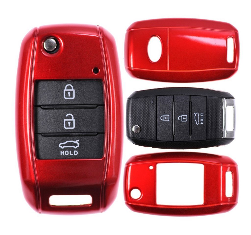 mt-key Schlüsseltasche Autoschlüssel Hardcover Schutzhülle Metallic Rot, für KIA Sportage Rio Ceed Sorento Soul Carens Picanto Klappschlüssel von mt-key