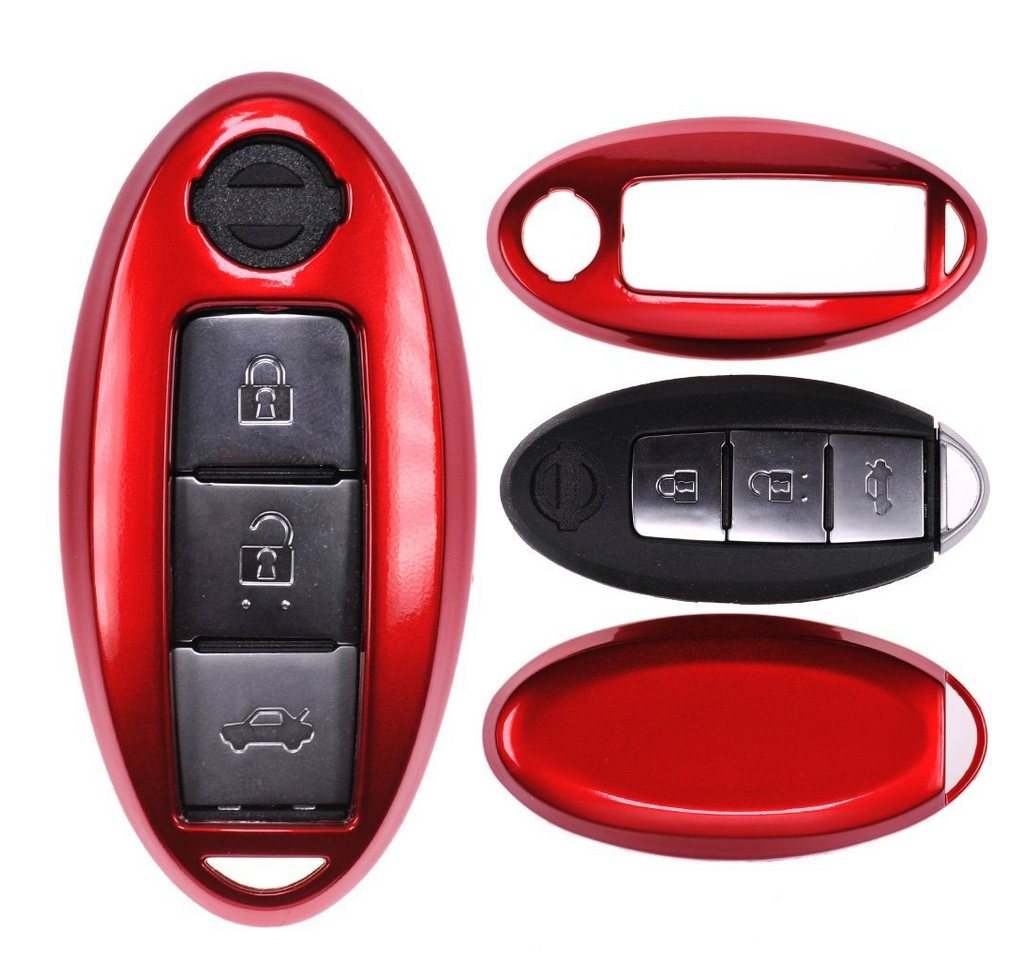 mt-key Schlüsseltasche Autoschlüssel Hardcover Schutzhülle Metallic Rot, für Nissan Qashqai Juke Micra Pulsar X-Trail Evalia Navra KEYLESS von mt-key