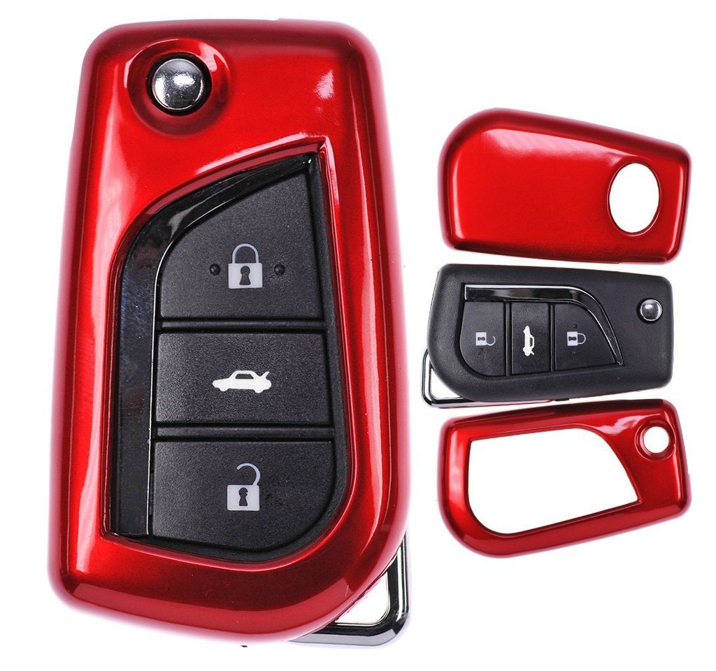 mt-key Schlüsseltasche Autoschlüssel Hardcover Schutzhülle Metallic Rot, für Toyota Auris Corolla Avensis Verso 2012-2015 Klappschlüssel von mt-key