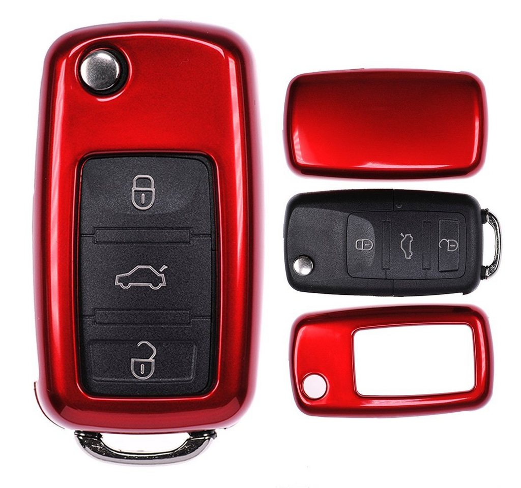 mt-key Schlüsseltasche Autoschlüssel Hardcover Schutzhülle Metallic Rot, für VW Golf 5 6 Sharan Skoda Octavia Polo Beetle Passat T5 bis 2009 von mt-key