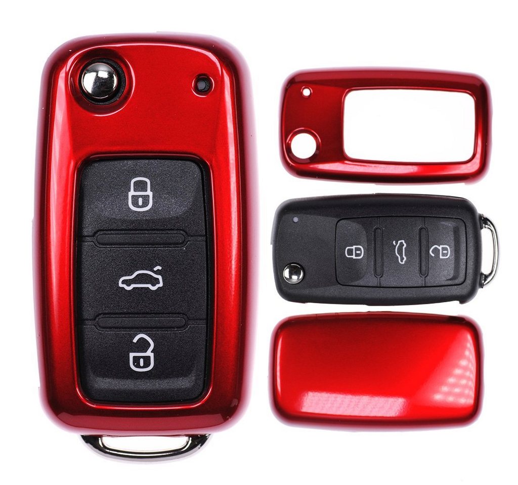 mt-key Schlüsseltasche Autoschlüssel Hardcover Schutzhülle Metallic Rot, für VW UP Golf Polo Seat Ibiza Skoda Octavia Yeti ab 2009 Schlüssel von mt-key