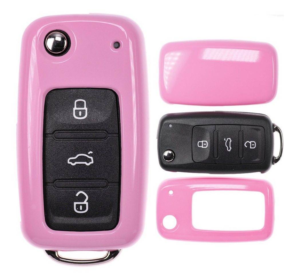 mt-key Schlüsseltasche Autoschlüssel Hardcover Schutzhülle Pink, VW UP Golf Polo Seat Ibiza Skoda Octavia Yeti ab 2009 Schlüssel von mt-key