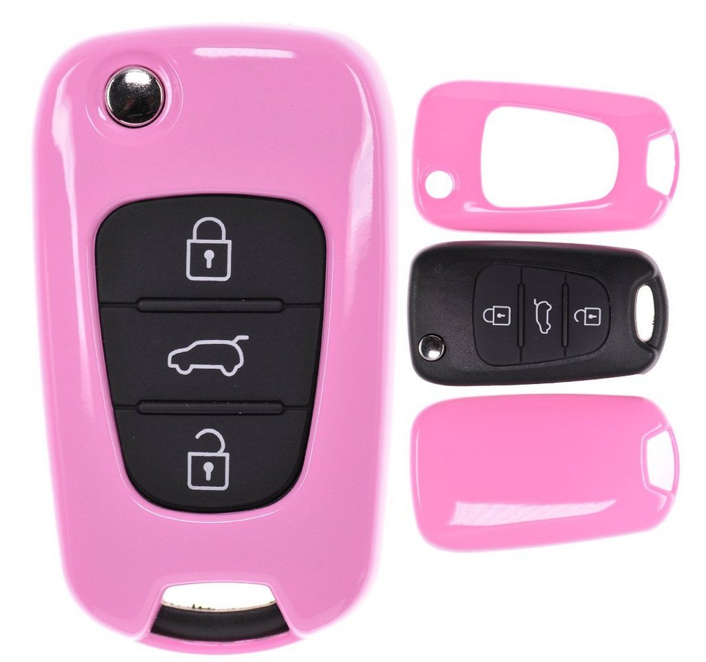 mt-key Schlüsseltasche Autoschlüssel Hardcover Schutzhülle Pink, für Hyundai i30 ix20 ix35 Kia Soul Sportage Ceed Klappschlüssel von mt-key