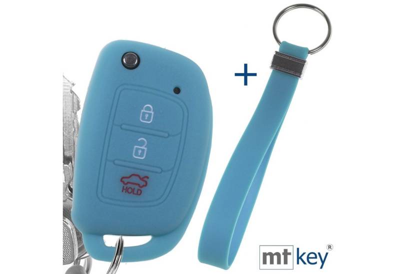 mt-key Schlüsseltasche Autoschlüssel Silikon Schutzhülle Wabe Design Glowblue + Schlüsselband, für Hyundai i10 i20 ix25 ix35 i40 Accent Tucson 3 Knopf Klappschlüssel von mt-key