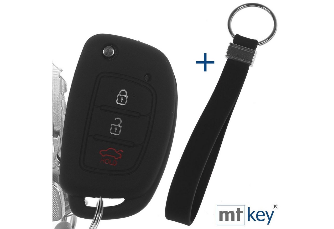 mt-key Schlüsseltasche Autoschlüssel Silikon Schutzhülle Wabe Design Schwarz + Schlüsselband, für Hyundai i10 i20 ix25 ix35 i40 Accent Tucson 3 Knopf Klappschlüssel von mt-key