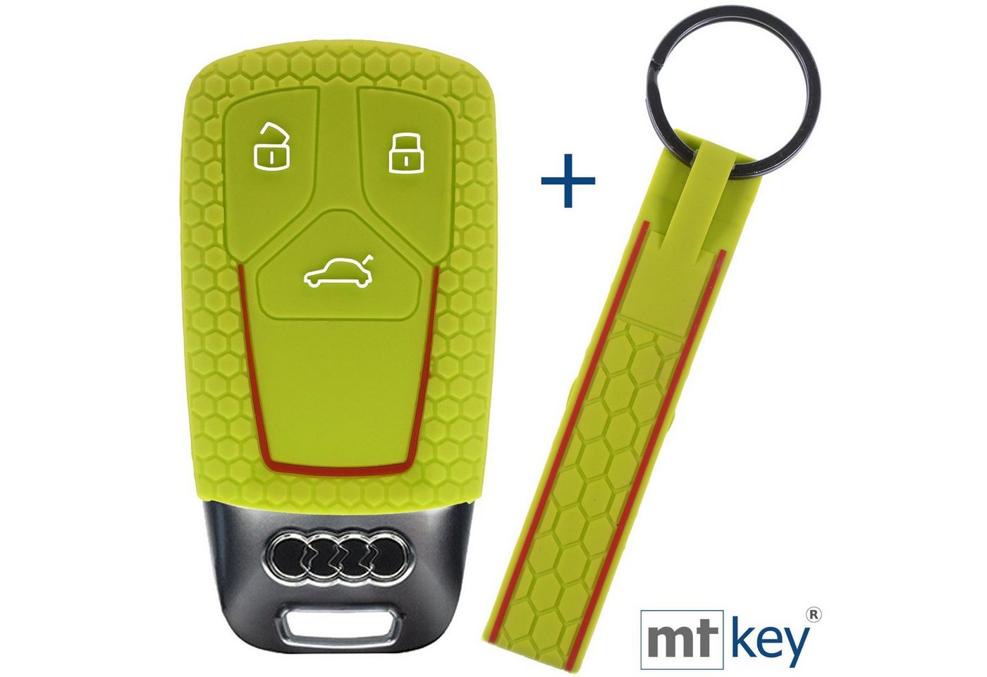 mt-key Schlüsseltasche Autoschlüssel Silikon Schutzhülle im Wabe Design Apfelgrün + Keytag (Set), Audi A4 A5 A6 A7 TT Q2 Q5 Q7 A8 Q8 3 Tasten KEYLESS SMARTKEY von mt-key
