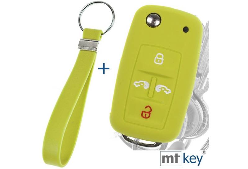 mt-key Schlüsseltasche Autoschlüssel Silikon Schutzhülle im Wabe Design Apfelgrün + Keytag (Set), VW Multivan Sharan T5 T6 Caddy Seat Alhambra 4 Tasten Schlüssel von mt-key