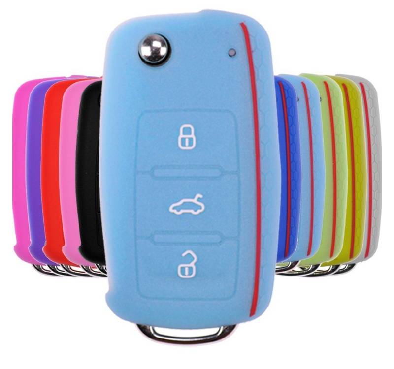 mt-key Schlüsseltasche Autoschlüssel Silikon Schutzhülle im Wabe Design Fluoreszierend Blau, VW SEAT Skoda Golf 6 Octavia UP Leon ab 11/2009 3 Tasten von mt-key