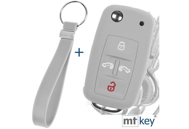 mt-key Schlüsseltasche Autoschlüssel Silikon Schutzhülle im Wabe Design Grau + Schlüsselband, für VW Multivan Sharan T5 T6 Caddy Seat Alhambra 4 Tasten Schlüssel von mt-key