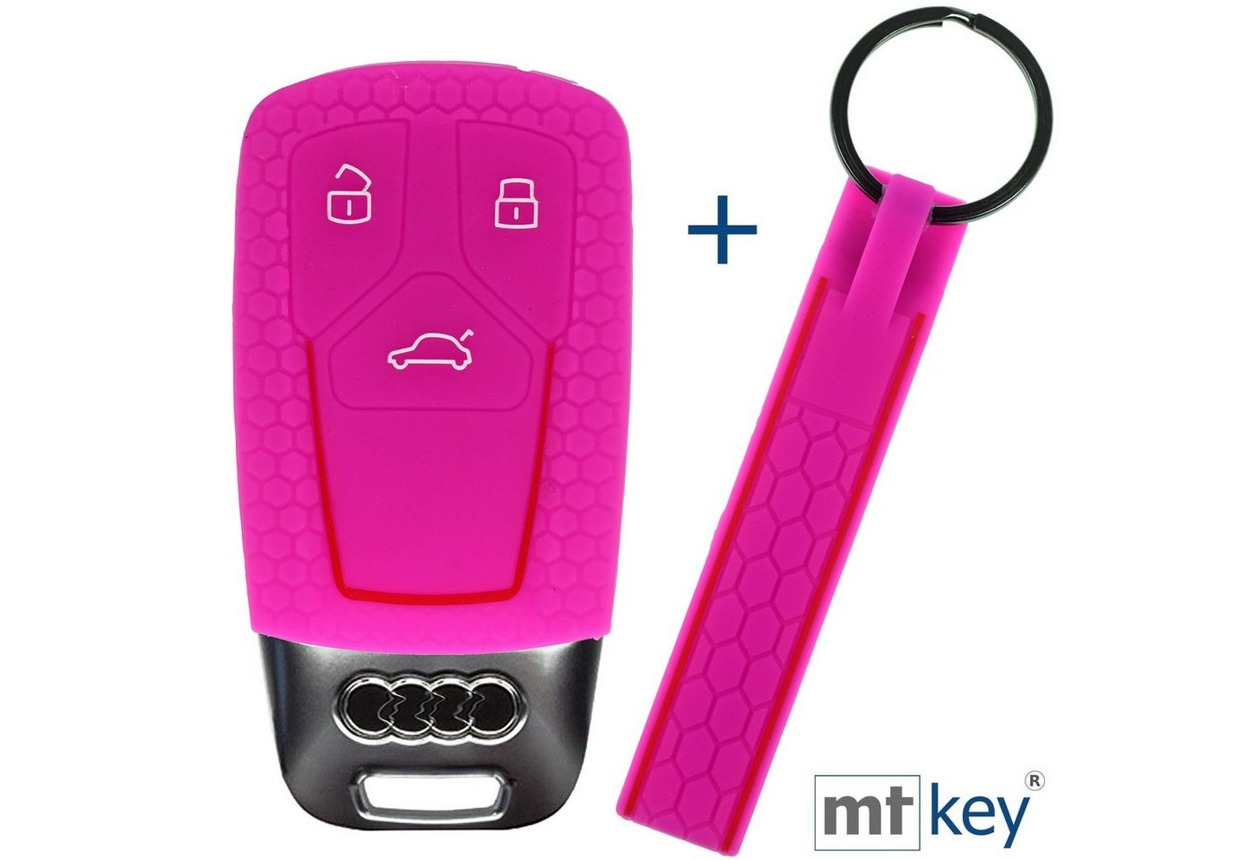 mt-key Schlüsseltasche Autoschlüssel Silikon Schutzhülle im Wabe Design Pink + Schlüsselband, für Audi A4 A5 A6 A7 TT Q2 Q5 Q7 A8 Q8 3 Tasten KEYLESS SMARTKEY von mt-key