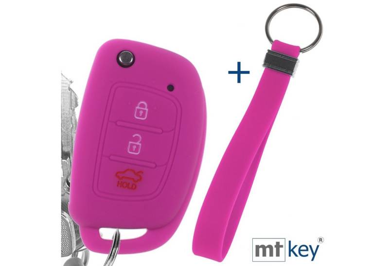 mt-key Schlüsseltasche Autoschlüssel Silikon Schutzhülle im Wabe Design Pink + Schlüsselband (Set), Hyundai i10 i20 ix25 ix35 i40 Accent Tucson 3 Knopf Klappschlüssel von mt-key