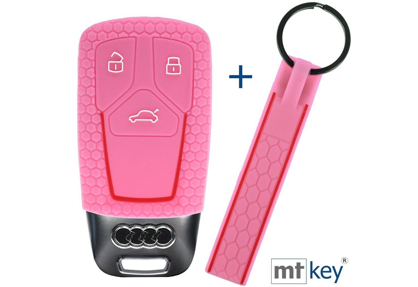 mt-key Schlüsseltasche Autoschlüssel Silikon Schutzhülle im Wabe Design Rosa + Schlüsselband, für Audi A4 A5 A6 A7 TT Q2 Q5 Q7 A8 Q8 3 Tasten KEYLESS SMARTKEY von mt-key