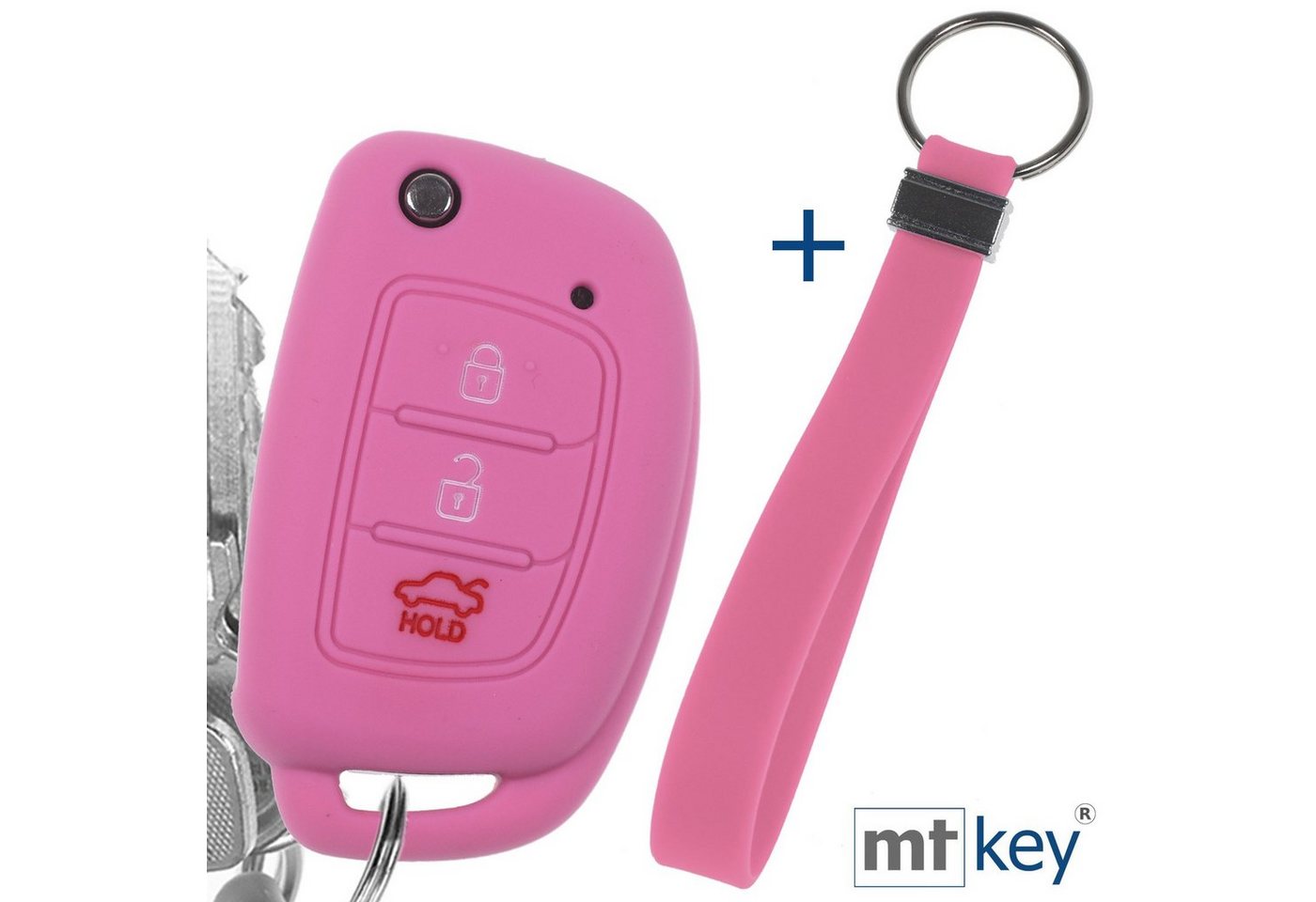 mt-key Schlüsseltasche Autoschlüssel Silikon Schutzhülle im Wabe Design Rosa + Schlüsselband, für Hyundai i10 i20 ix25 ix35 i40 Accent Tucson 3 Knopf Klappschlüssel von mt-key