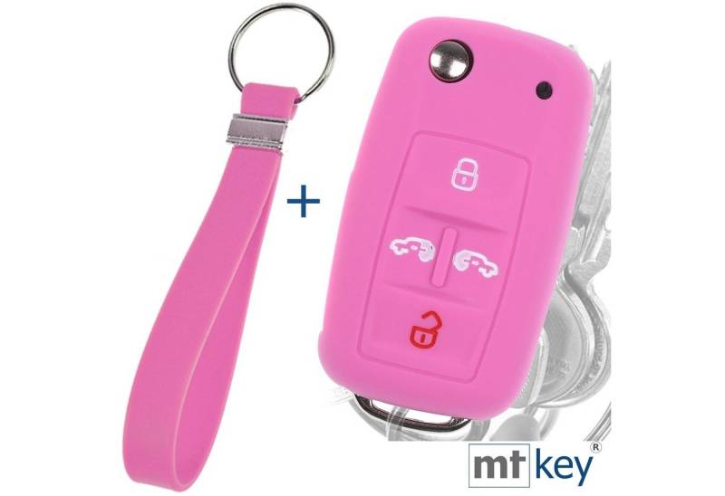 mt-key Schlüsseltasche Autoschlüssel Silikon Schutzhülle im Wabe Design Rosa + Schlüsselband, für VW Multivan Sharan T5 T6 Caddy Seat Alhambra 4 Tasten Schlüssel von mt-key
