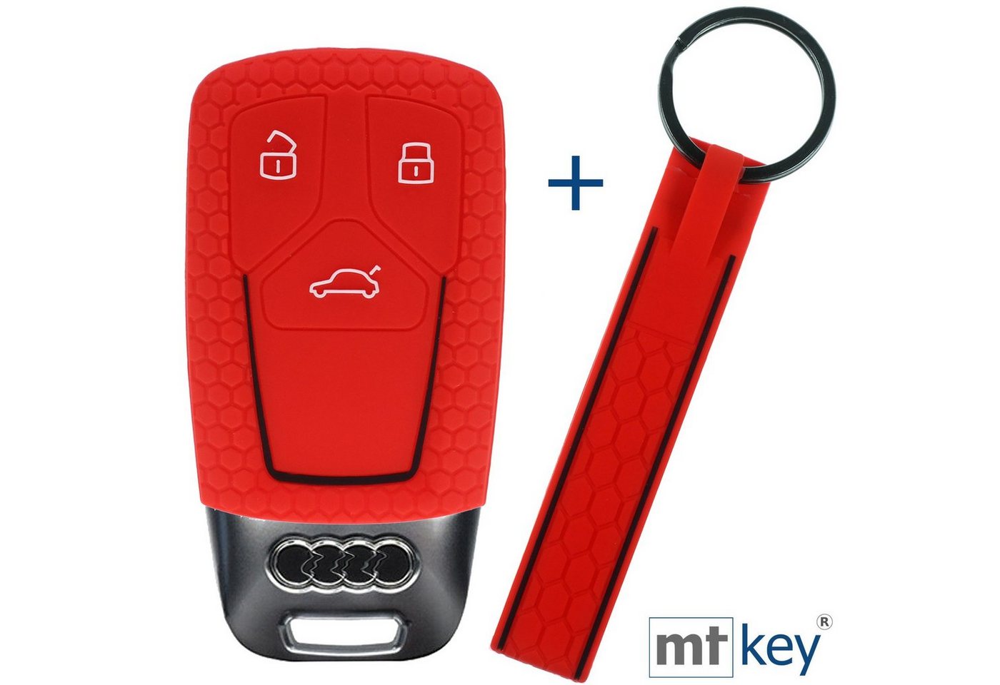 mt-key Schlüsseltasche Autoschlüssel Silikon Schutzhülle im Wabe Design Rot mit Schlüsselband, für Audi A4 A5 A6 A7 TT Q2 Q5 Q7 A8 Q8 3 Tasten KEYLESS SMARTKEY von mt-key