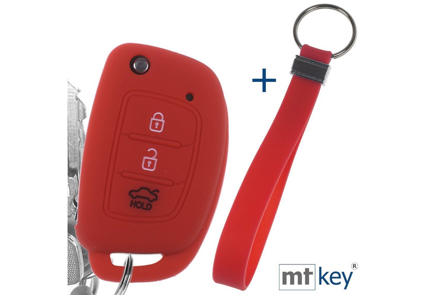 mt-key Schlüsseltasche Autoschlüssel Silikon Schutzhülle im Wabe Design Rot mit Schlüsselband, für Hyundai i10 i20 ix25 ix35 i40 Accent Tucson 3 Knopf Klappschlüssel von mt-key