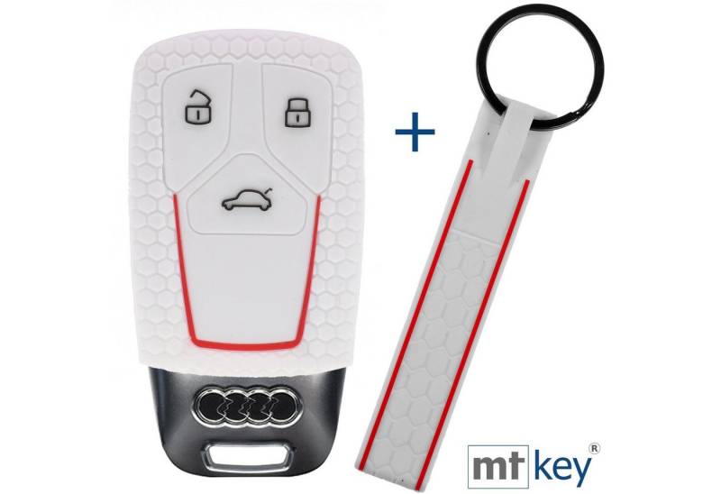 mt-key Schlüsseltasche Autoschlüssel Silikon Schutzhülle im Wabe Design Weiß + Schlüsselband, für Audi A4 A5 A6 A7 TT Q2 Q5 Q7 A8 Q8 3 Tasten KEYLESS SMARTKEY von mt-key