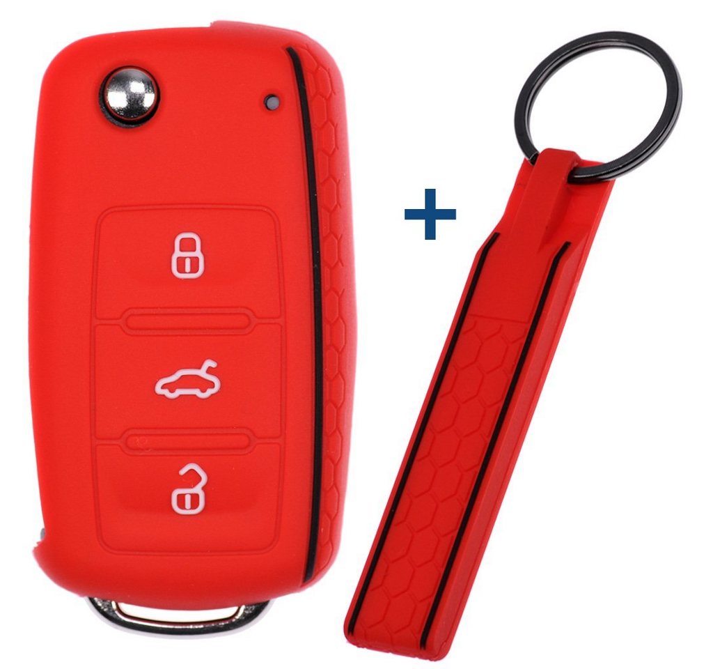 mt-key Schlüsseltasche Autoschlüssel Silikon Schutzhülle mit passendem Schlüsselband, für VW SEAT Skoda Golf 6 Octavia UP Leon ab 11/2009 3 Tasten von mt-key
