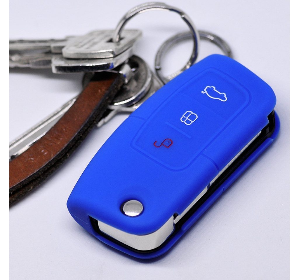 mt-key Schlüsseltasche Autoschlüssel Softcase Silikon Schutzhülle Blau, für Ford Focus Fiesta Ecosport S-Max Kuga C-Max 3 Knopf Klappschlüssel von mt-key