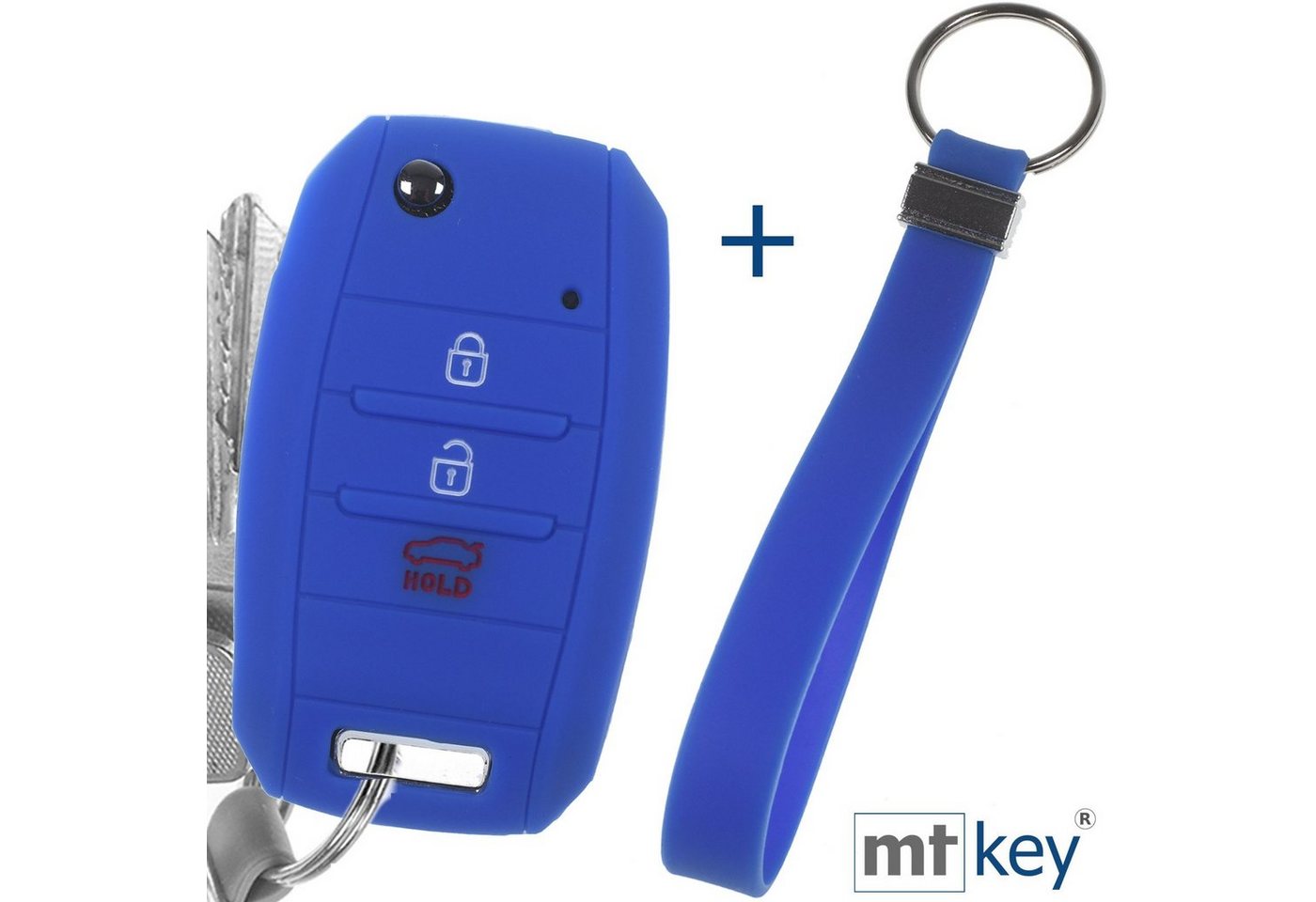 mt-key Schlüsseltasche Autoschlüssel Softcase Silikon Schutzhülle Blau mit Schlüsselband (Set), KIA Picantio Rio Ceed Soul Sportage Stonic Carens 3 Tasten von mt-key