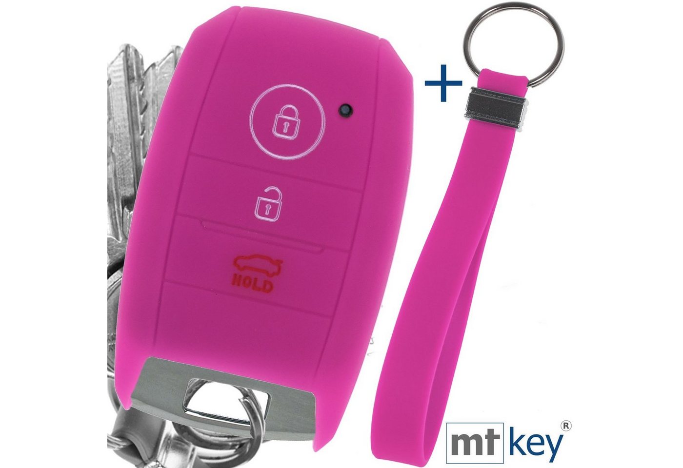 mt-key Schlüsseltasche Autoschlüssel Softcase Silikon Schutzhülle Pink mit Schlüsselband, für KIA Picantio Rio Ceed Soul Sportage Stonic 3 Tasten KEYLESS von mt-key