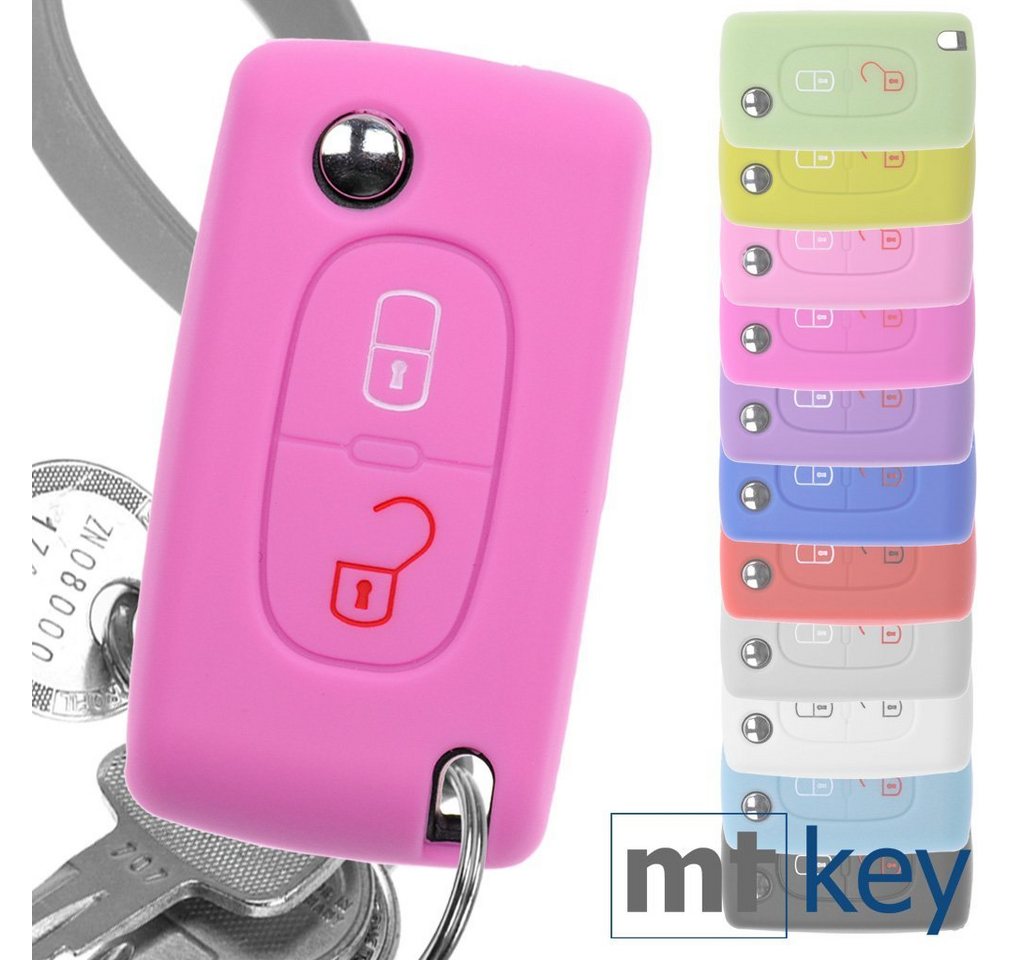 mt-key Schlüsseltasche Autoschlüssel Softcase Silikon Schutzhülle Rosa, für Citroen Berlingo C2 C3 Peugeot 207 307 308 2 Tasten Klappschlüssel von mt-key