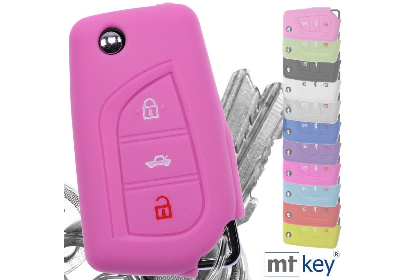 mt-key Schlüsseltasche Autoschlüssel Softcase Silikon Schutzhülle Rosa, für Toyota AURIS Corolla Avensis 3 Tasten Klappschlüssel von mt-key