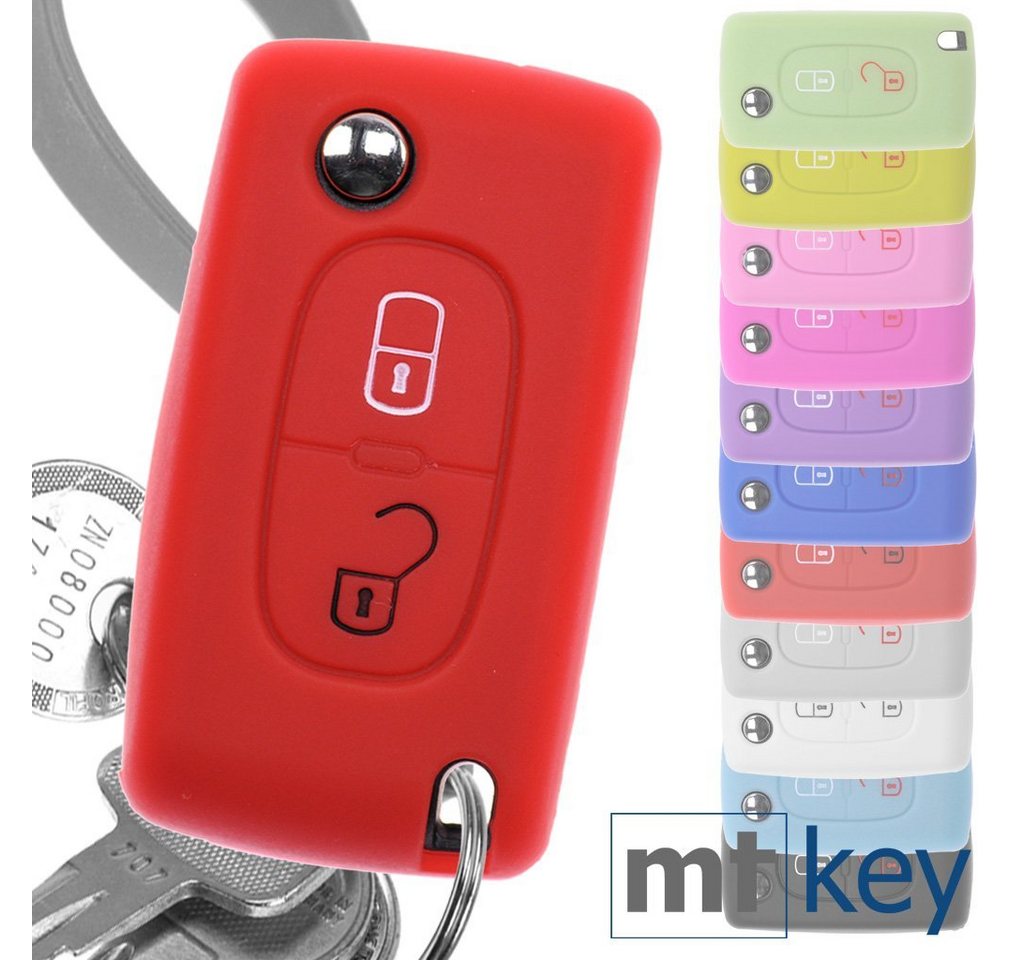 mt-key Schlüsseltasche Autoschlüssel Softcase Silikon Schutzhülle Rot, für Citroen Berlingo C2 C3 Peugeot 207 307 308 2 Tasten Klappschlüssel von mt-key