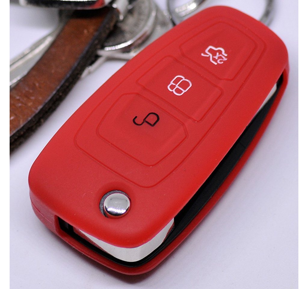 mt-key Schlüsseltasche Autoschlüssel Softcase Silikon Schutzhülle Rot, für Ford Mondeo Focus S-Max Fiesta Transit 3 Tasten Klappschlüssel von mt-key