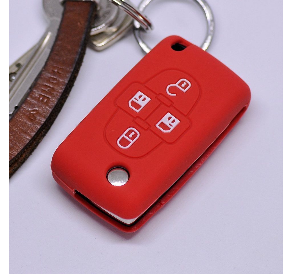 mt-key Schlüsseltasche Autoschlüssel Softcase Silikon Schutzhülle Rot, für Peugeot Ranch Partner 807 1007 Citroen C4 C8 4 Tasten Schlüssel von mt-key