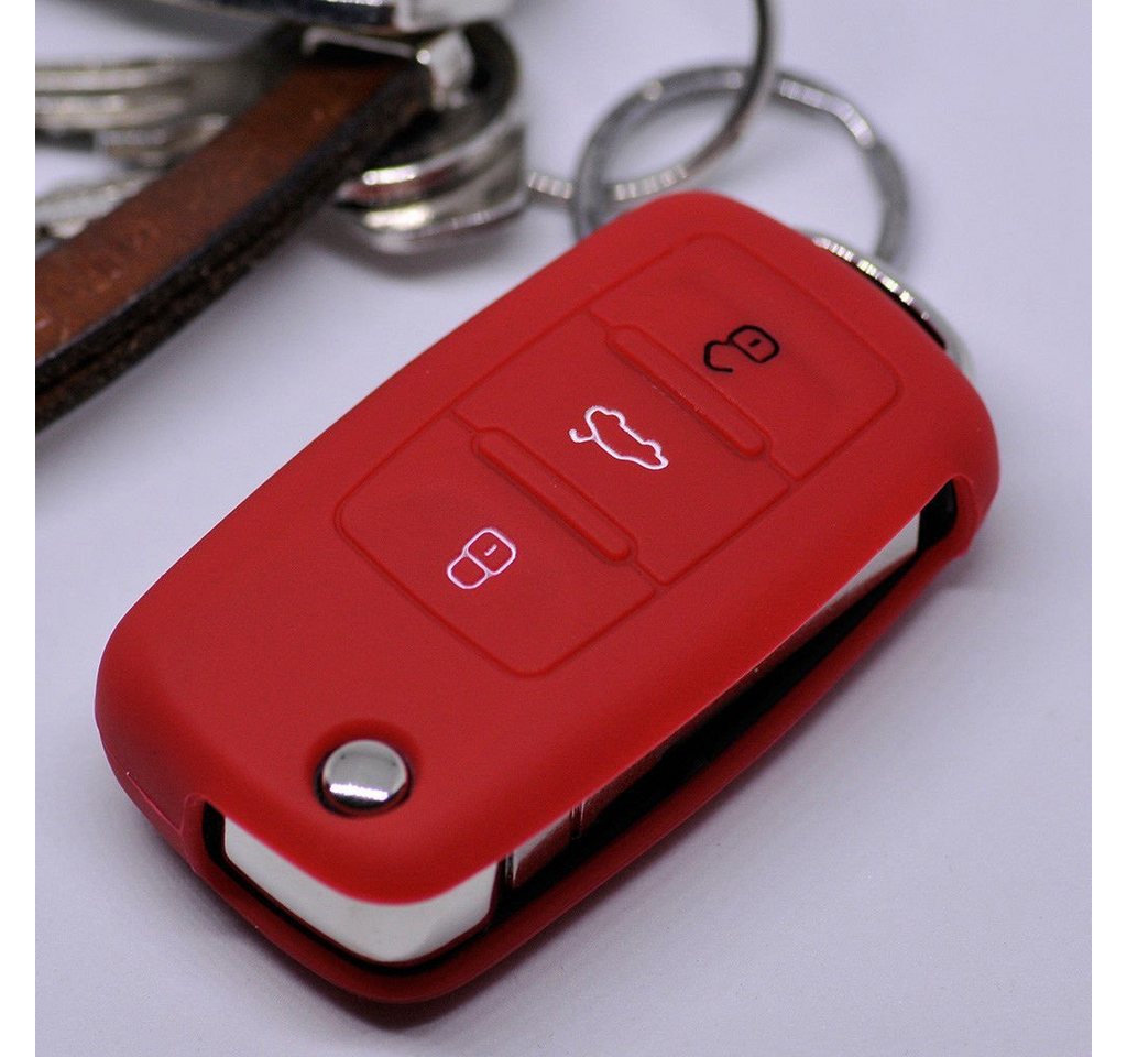mt-key Schlüsseltasche Autoschlüssel Softcase Silikon Schutzhülle Rot, für VW Seat Skoda ab 11/2009 3 Tasten Klappschlüssel von mt-key