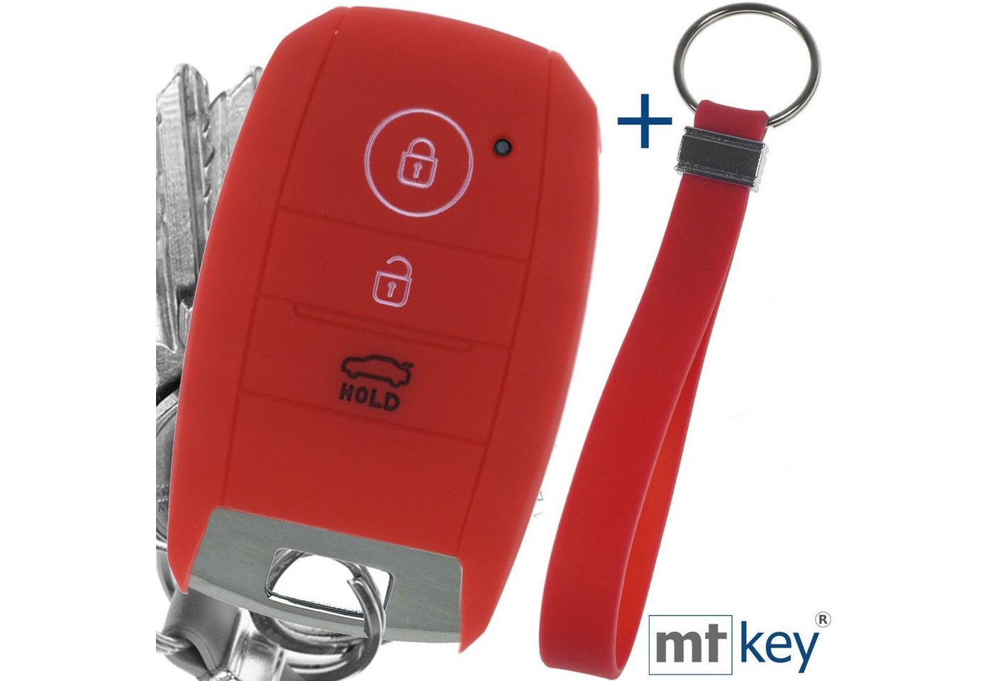 mt-key Schlüsseltasche Autoschlüssel Softcase Silikon Schutzhülle Rot mit Schlüsselband, für KIA Picantio Rio Ceed Soul Sportage Stonic 3 Tasten KEYLESS von mt-key