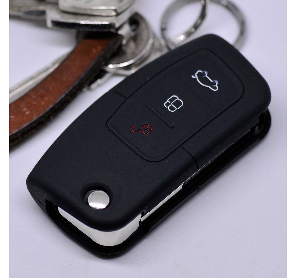 mt-key Schlüsseltasche Autoschlüssel Softcase Silikon Schutzhülle Schwarz, für Ford Focus Fiesta Ecosport S-Max Kuga C-Max 3 Knopf Klappschlüssel von mt-key