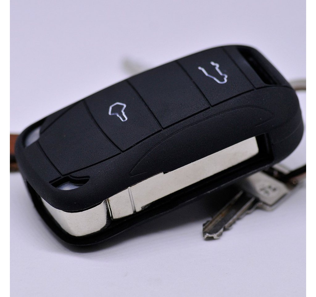 mt-key Schlüsseltasche Autoschlüssel Softcase Silikon Schutzhülle Schwarz, für Porsche Cayenne 955 9PA 2002-2012 2 Tasten Klappschlüssel von mt-key