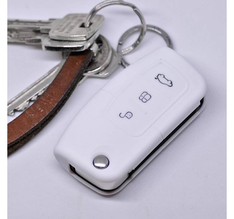 mt-key Schlüsseltasche Autoschlüssel Softcase Silikon Schutzhülle Weiß, für Ford Focus Fiesta Ecosport S-Max Kuga C-Max 3 Knopf Klappschlüssel von mt-key
