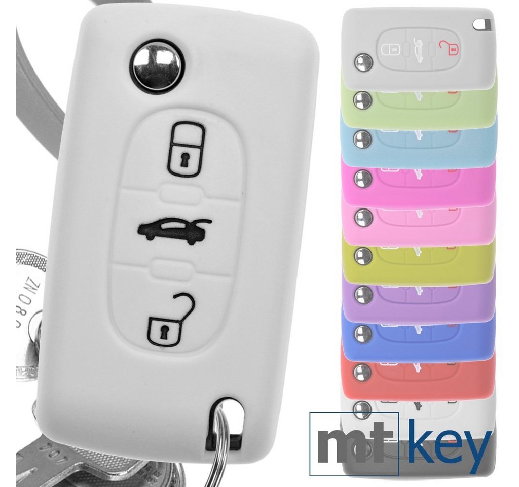 mt-key Schlüsseltasche Autoschlüssel Softcase Silikon Schutzhülle Weiß, für Peugeot 307 308 I 407 Expert RCZ Citroen C4 C5 III 3 Tasten von mt-key