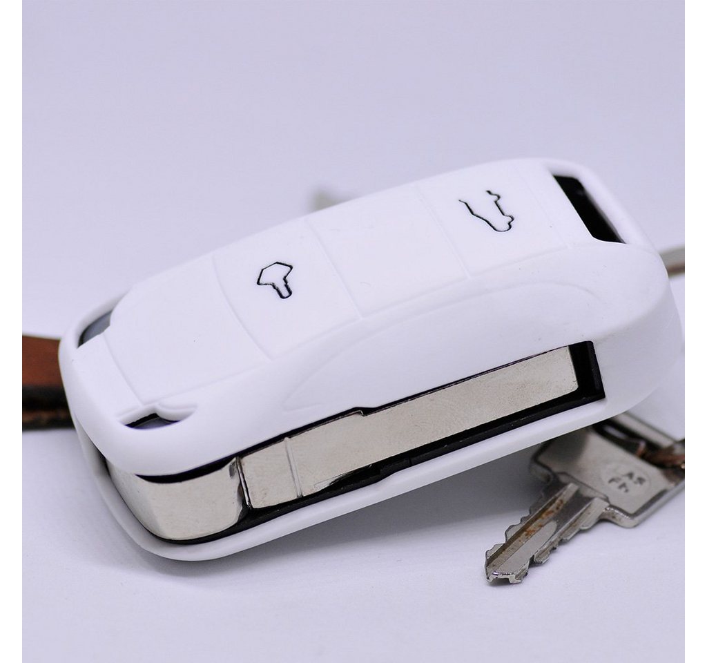 mt-key Schlüsseltasche Autoschlüssel Softcase Silikon Schutzhülle Weiß, für Porsche Cayenne 955 9PA 2002-2012 2 Tasten Klappschlüssel von mt-key