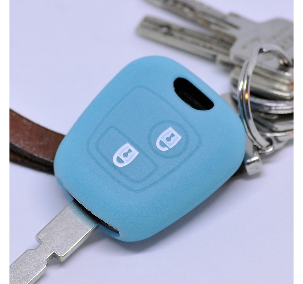 mt-key Schlüsseltasche Autoschlüssel Softcase Silikon Schutzhülle fluoreszierend Blau, für Citroen Berlingo C1 C2 C3 Toyota Aygo Peugeot Partner 2 Tasten von mt-key