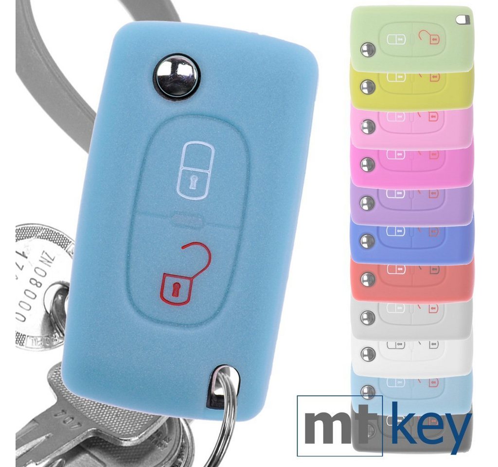 mt-key Schlüsseltasche Autoschlüssel Softcase Silikon Schutzhülle fluoreszierend Blau, für Citroen Berlingo C2 C3 Peugeot 207 307 308 2 Tasten Klappschlüssel von mt-key