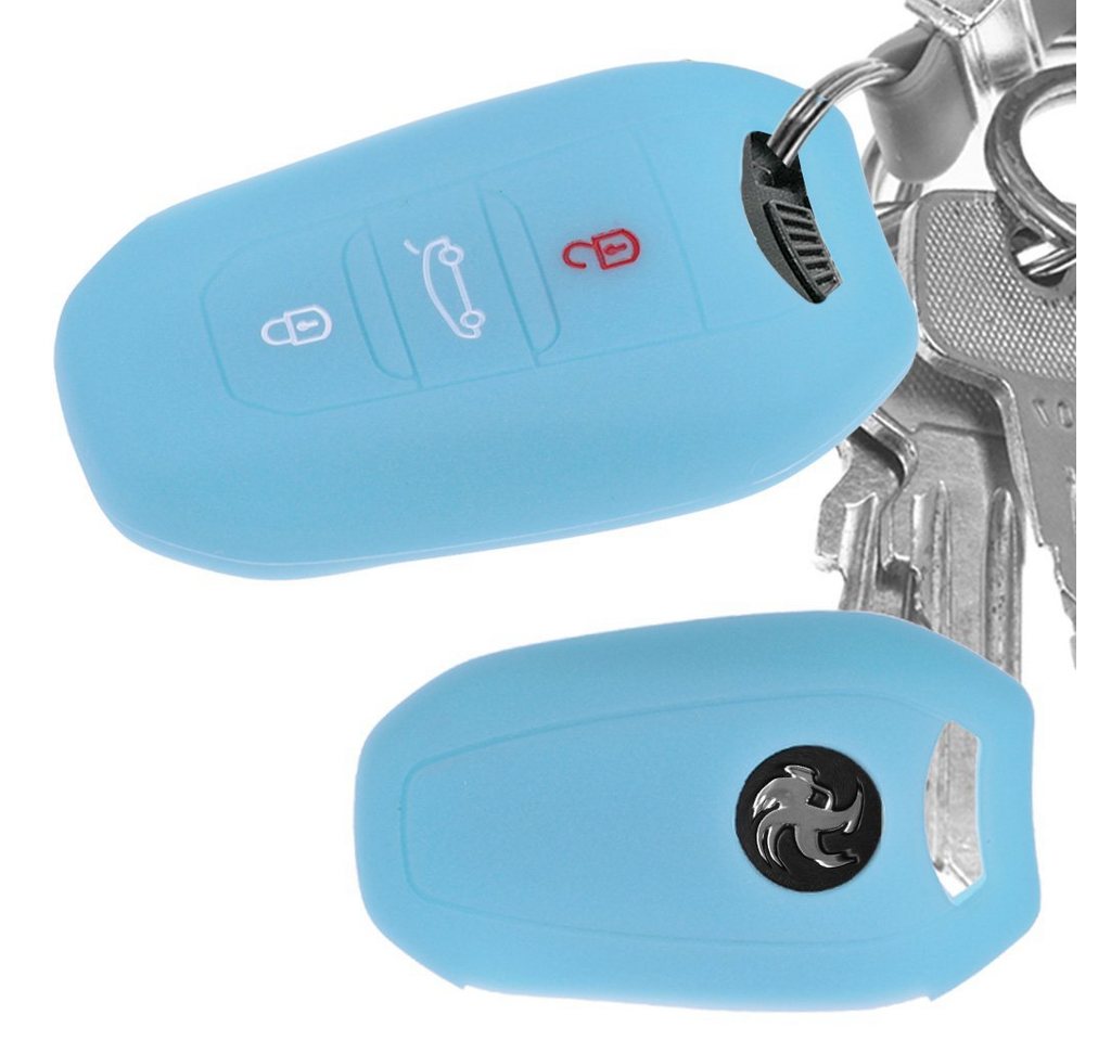 mt-key Schlüsseltasche Autoschlüssel Softcase Silikon Schutzhülle fluoreszierend Blau, für Citroen C4 DS4 DS6 DS5 DS7 Peugeot 208 508 2008 4008 KEYLESS von mt-key