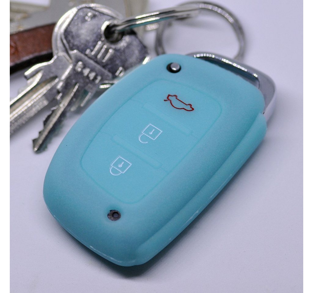 mt-key Schlüsseltasche Autoschlüssel Softcase Silikon Schutzhülle fluoreszierend Blau, für Hyundai i10 i20 i40 ix25 ix35 Tucson Accent Ioniq Sonata Santa Fe von mt-key