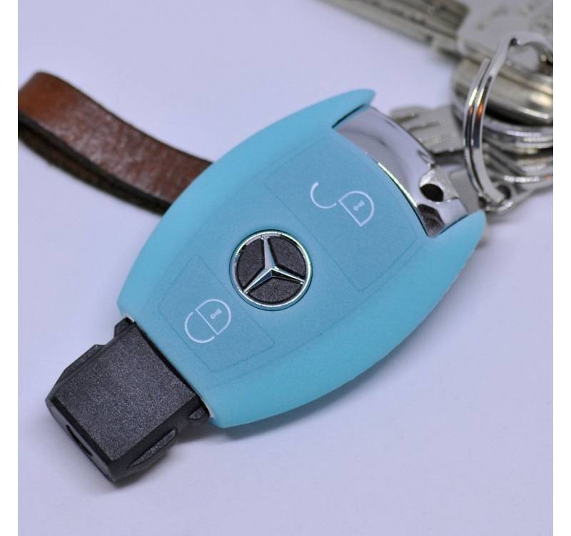 mt-key Schlüsseltasche Autoschlüssel Softcase Silikon Schutzhülle fluoreszierend Blau, für Mercedes Benz Sprinter W906 E C-Klasse 2 Tasten Smartkey von mt-key