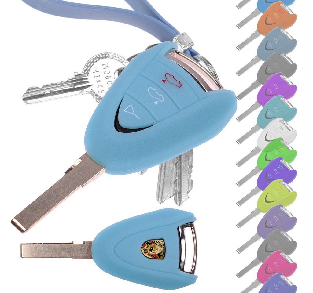 mt-key Schlüsseltasche Autoschlüssel Softcase Silikon Schutzhülle fluoreszierend Blau, für Porsche 911 997 987 Boxster Cayman 3 Tasten Funk Fernbedienung von mt-key