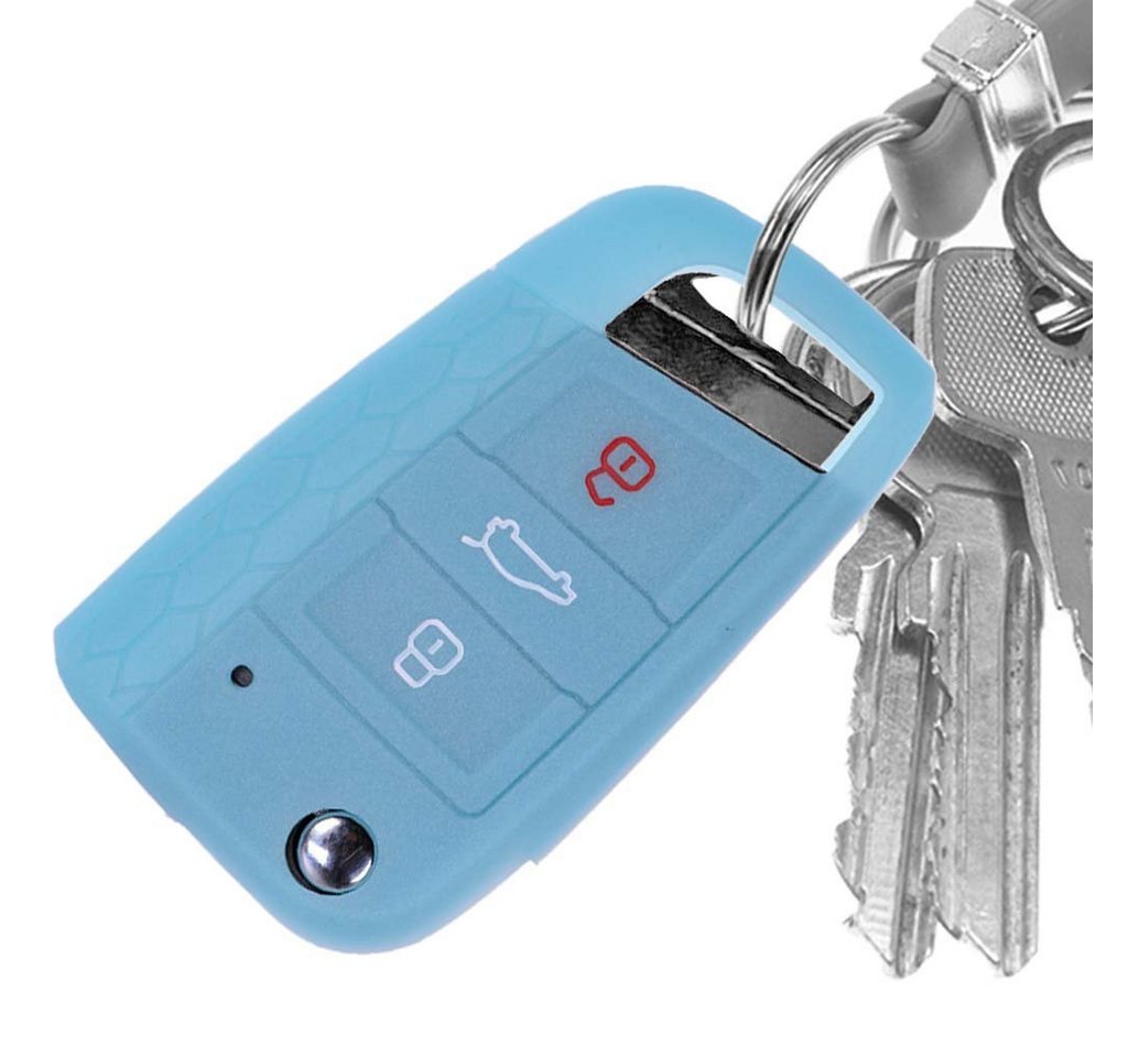 mt-key Schlüsseltasche Autoschlüssel Softcase Silikon Schutzhülle fluoreszierend Blau, für VW Polo Golf 7 VII GTI GTD GTE R 3 Tasten Klappschlüssel von mt-key