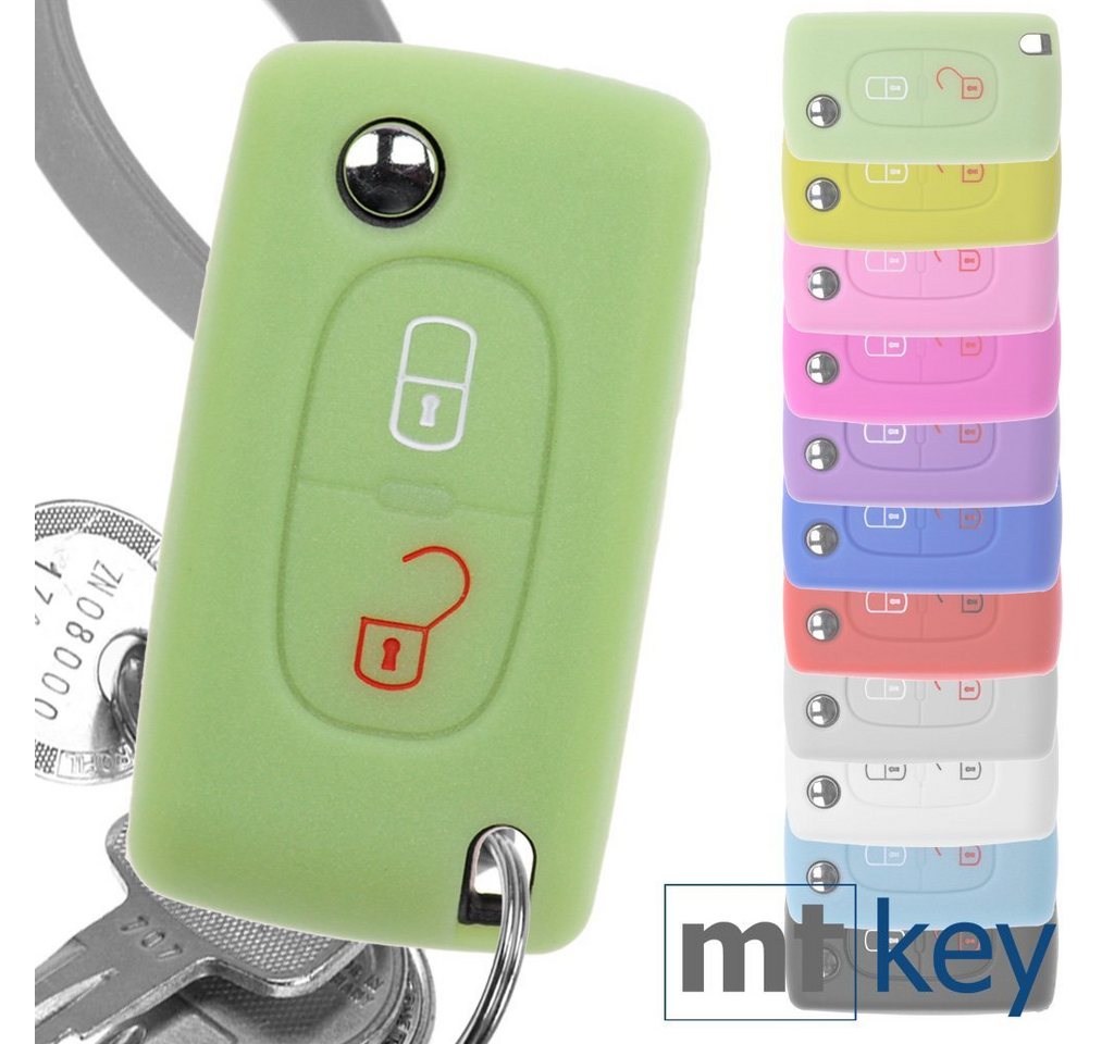 mt-key Schlüsseltasche Autoschlüssel Softcase Silikon Schutzhülle fluoreszierend Grün, für Citroen Berlingo C2 C3 Peugeot 207 307 308 2 Tasten Klappschlüssel von mt-key